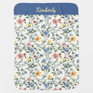 Blue Yellow Watercolor Wildflower Monogram Name Baby Blanket