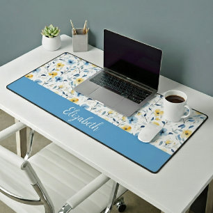 Blue Yellow Watercolor Wildflower Monogram Name Desk Mat