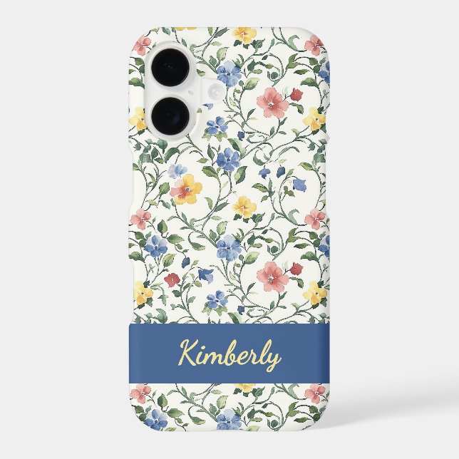 Blue Yellow Watercolor Wildflower Monogram Name iPhone Case (Back)