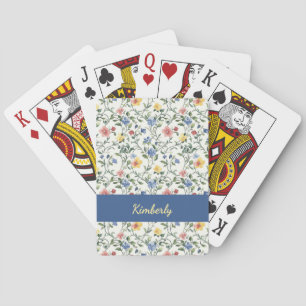 Blue Yellow Watercolor Wildflower Monogram Name Poker Cards