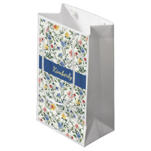 Blue Yellow Watercolor Wildflower Monogram Name Small Gift Bag
