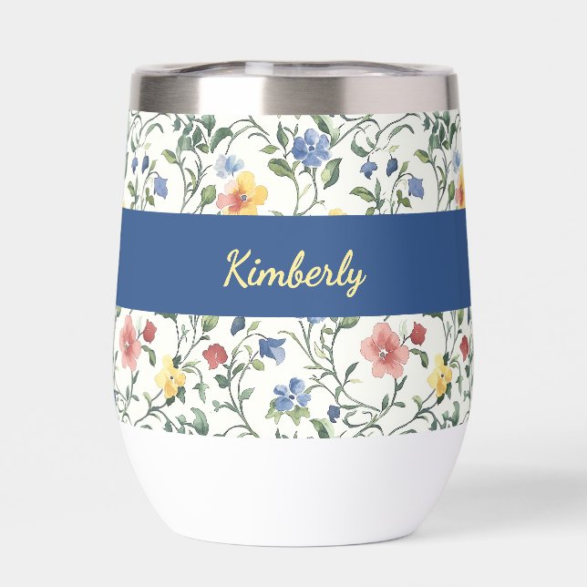 Blue Yellow Watercolor Wildflower Monogram Name Thermal Wine Tumbler (Back)