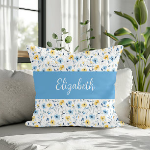 Blue Yellow Watercolor Wildflower Monogram Name Throw Pillow