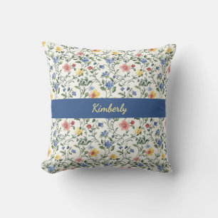 Blue Yellow Watercolor Wildflower Monogram Name Throw Pillow