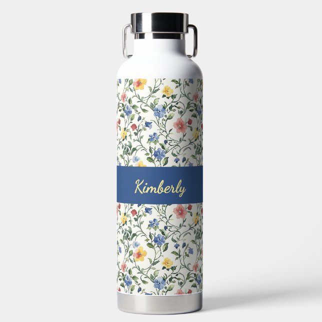 Blue Yellow Watercolor Wildflower Monogram Name Water Bottle (Front)