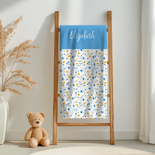 Blue Yellow Watercolor Wildflower Name Baby Blanket