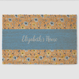 Blue Yellow Watercolor Wildflower Name Fiber Doormat