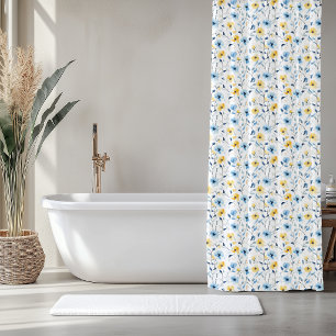 Blue Yellow Watercolor Wildflower  Shower Curtain