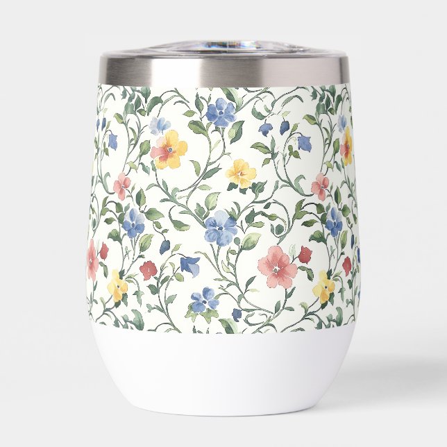 Blue Yellow Watercolor Wildflower  Thermal Wine Tumbler (Front)