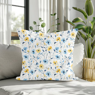 Blue Yellow Watercolor Wildflower Throw Pillow