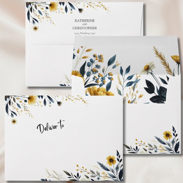 Blue Yellow Watercolor Wildflowers Wedding Envelope (Blue Yellow Wildflowers Elegant Wedding Invitation Envelope with pre-printed return address.)