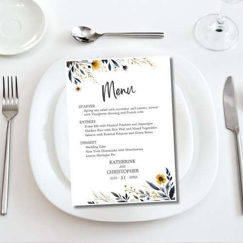 Blue Yellow Watercolor Wildflowers Wedding Menu