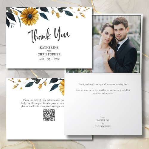 Blue Yellow Watercolor Wildflowers Wedding Photo Thank You Card
