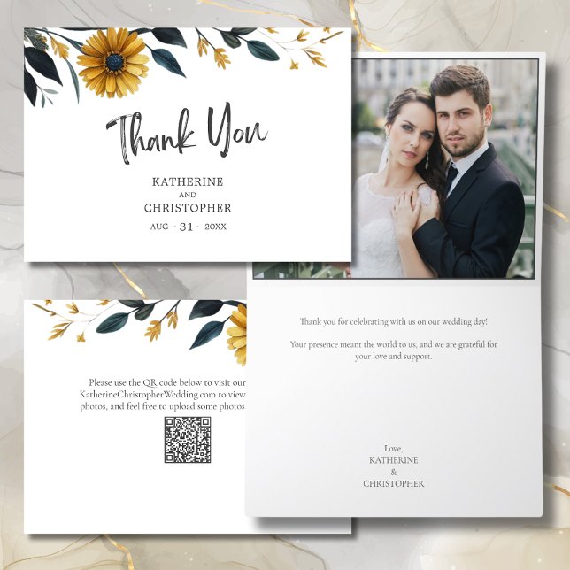 Blue Yellow Watercolor Wildflowers Wedding Photo Thank You Card (Blue Yellow Watercolor Wildflowers Elegant Wedding Photo Thank You Card with QR Code for Photos.)