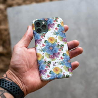 Blue & Yellow Watercolors Flowers Pattern Monogram iPhone 15 Pro Case