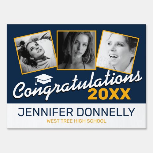 Blue Yellow White 2022 3 Photo Graduate Sign - Blue, yellow and white graduate yard sign featuring a blue background that can be changed to any color, 3 photos of the student, a graduation cap, and a congratulations template that is easy to personalize.