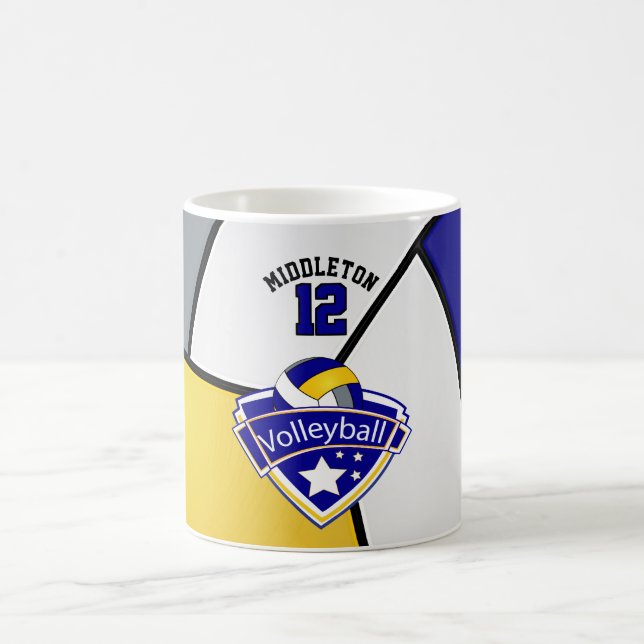 Blue, Yellow, White and Gray Volleyball Design Coffee Mug (Center)