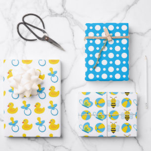 BLUE YELLOW WHITE BABY ITEMS WRAPPING PAPER SHEETS