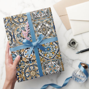 Blue Yellow White Black Azuleju Spanish Moroccan Wrapping Paper