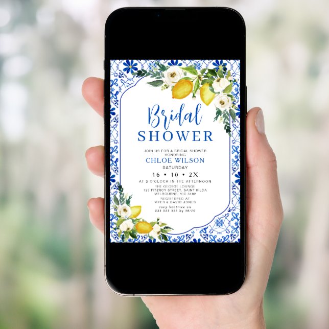 Blue Yellow White Floral Lemon Bridal Shower  Invitation (Front Digital)