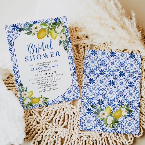 Blue Yellow White Floral Lemon Bridal Shower  Invitation