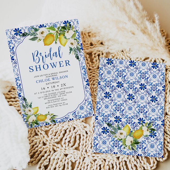 Blue Yellow White Floral Lemon Bridal Shower  Invitation (Mediterranean blue yellow tiles and lemon bridal shower invitation template.)