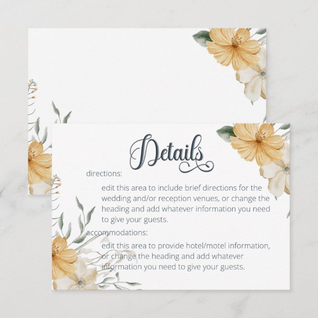 Blue Yellow & White Floral Wedding Details Enclosure Card (Front/Back)