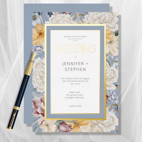 Blue Yellow  White Floral Wedding Gold  Foil Invitation