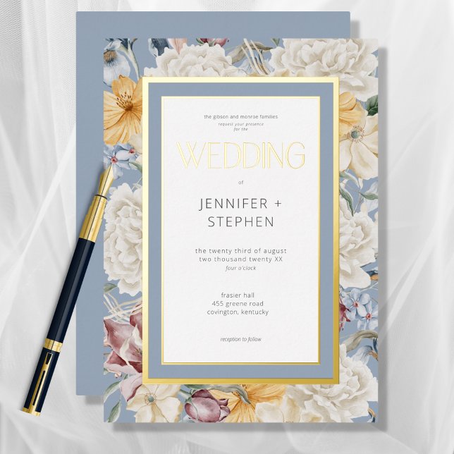 Blue Yellow & White Floral Wedding Gold  Foil Invitation (Creator Uploaded)