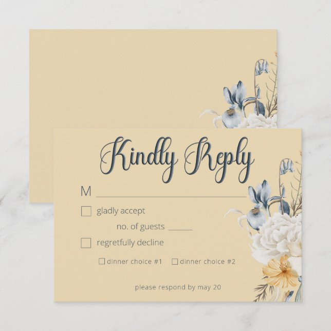 Blue Yellow & White Floral Wedding RSVP Card (Front/Back)