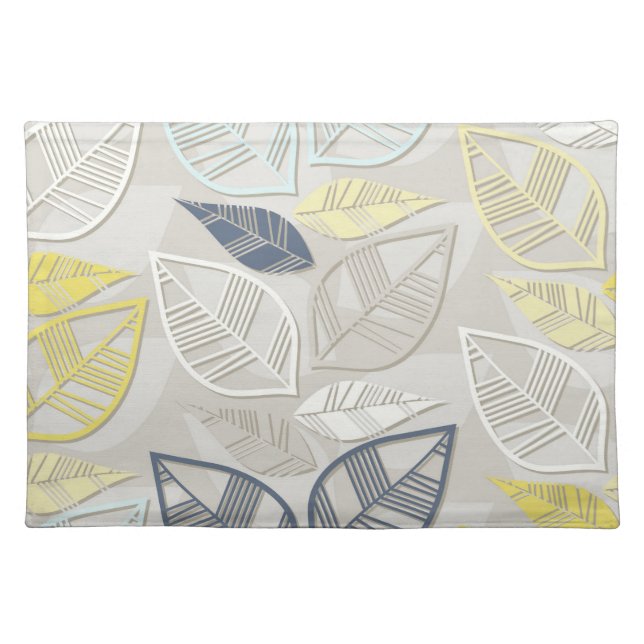 blue yellow white leaves in rows on gray cloth placemat (Front)