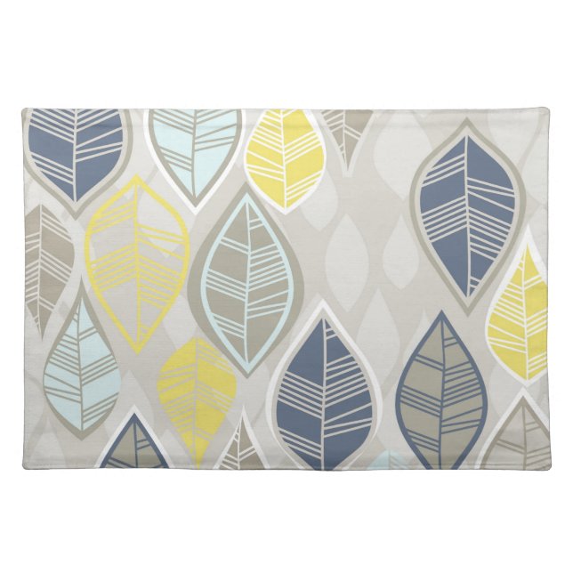 blue yellow white leaves on gray cloth placemat (Front)