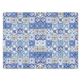 Blue Yellow White Meditteranean Mosaic Tiles  Tissue Paper
