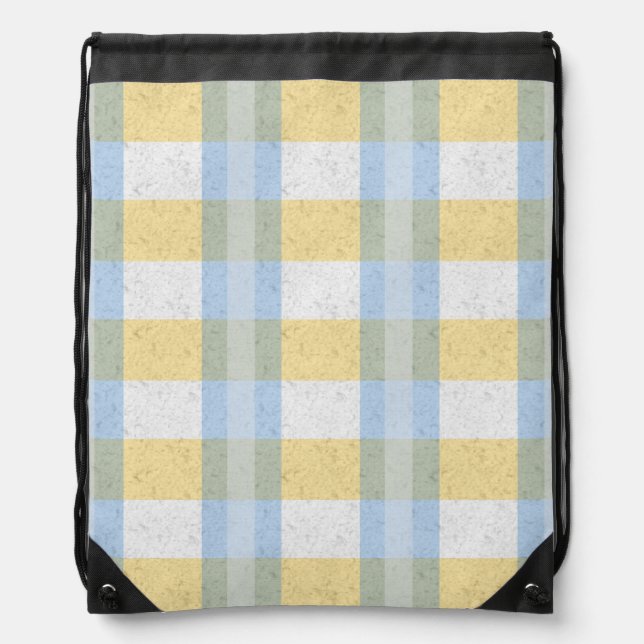 Blue Yellow White Pastel Plaid Drawstring Bag (Front)