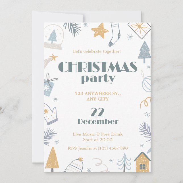 Blue Yellow White Simple Christmas Party Invitation (Front)