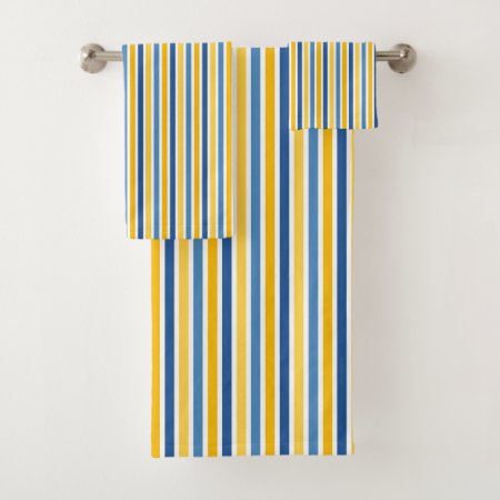 Blue Yellow White Stripes Bath Towel Set