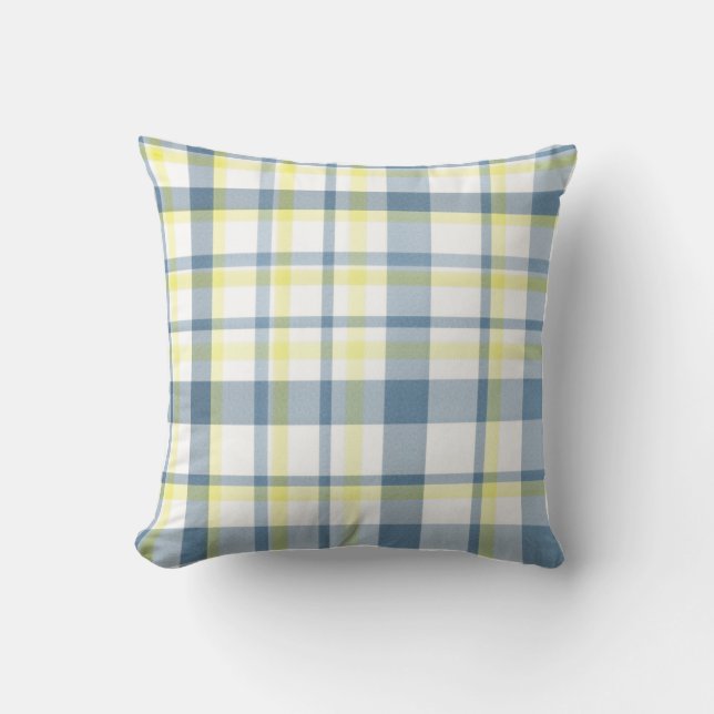 Blue Yellow White Watercolor Plaid Throw Pillow (Front)