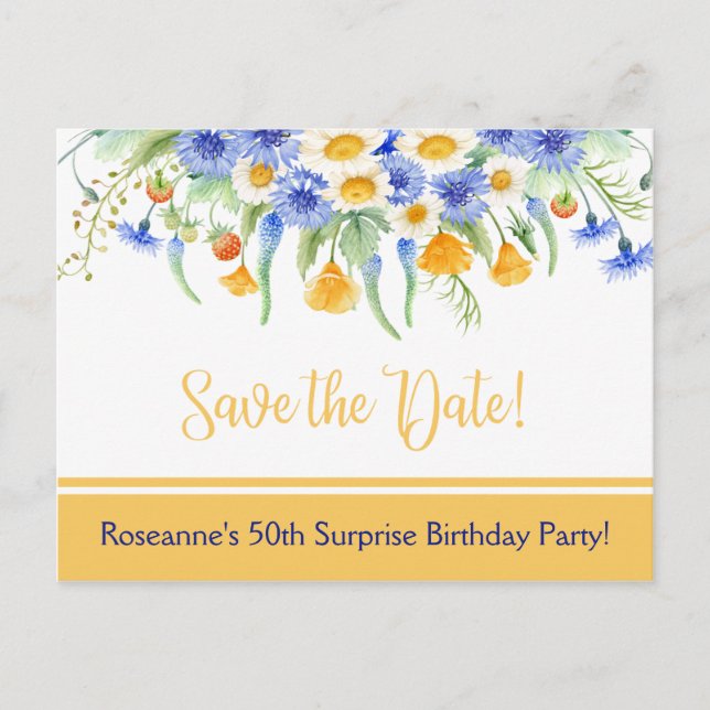 Blue Yellow White Wildflowers Save The Date Announcement Postcard (Front)
