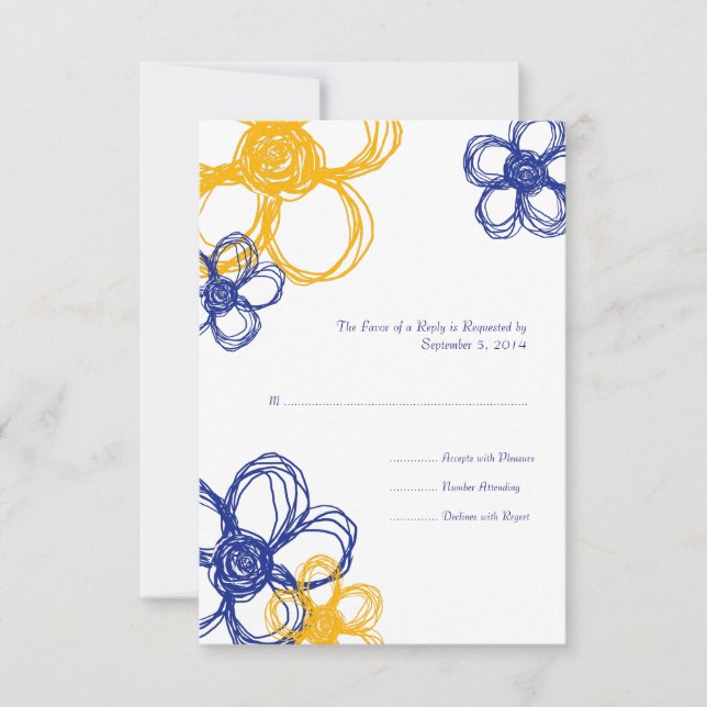Blue & Yellow  Wild Flowers Wedding RSVP Card (Front)