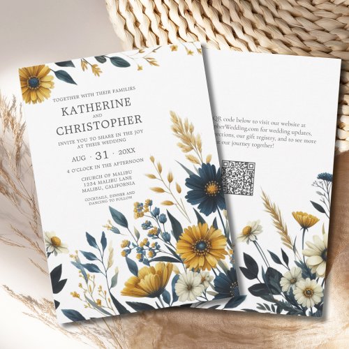 Blue Yellow Wildflower Elegant QR Code Wedding Invitation