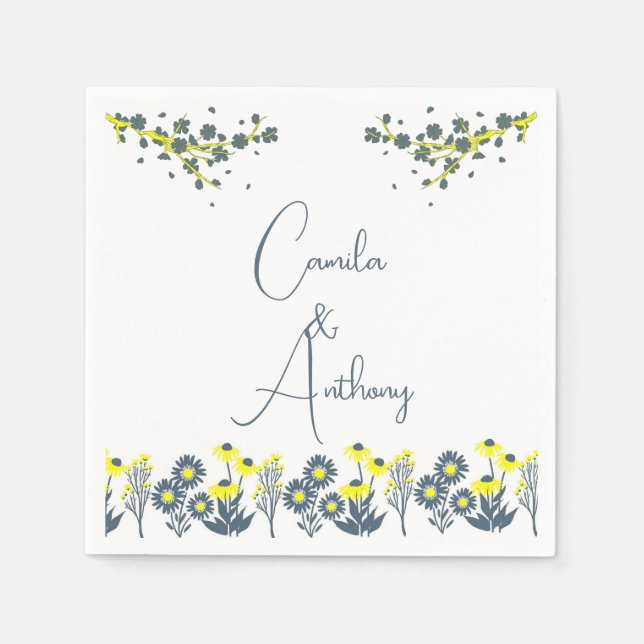 Blue Yellow Wildflower Floral Boho Wedding Napkins (Front)