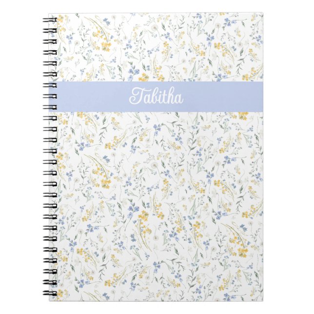 Blue Yellow Wildflower Pattern Custom Name Notebook (Front)