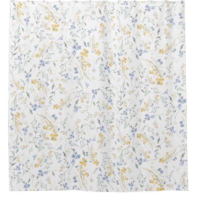 Blue Yellow Wildflower Pattern Shower Curtain (Front)