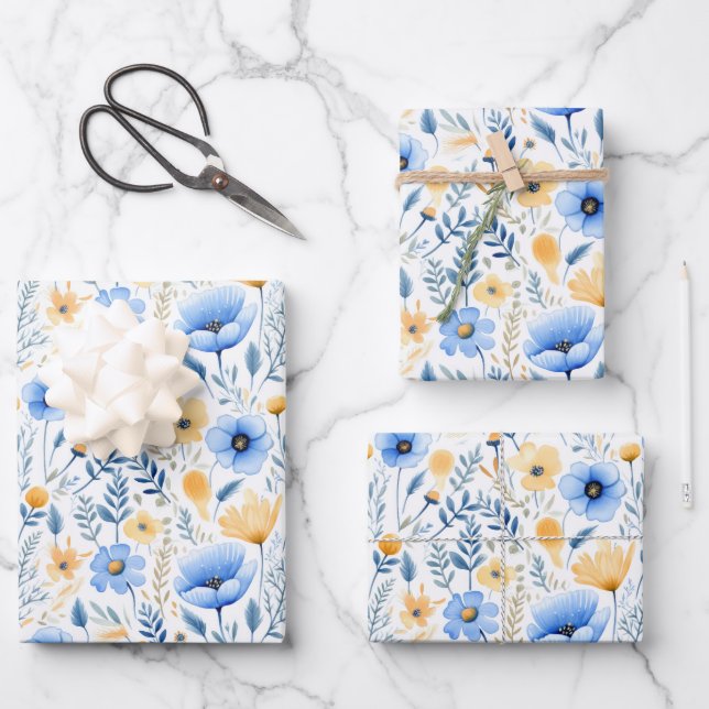Blue Yellow Wildflowers Boho Baby Bridal Shower  Wrapping Paper Sheets (Front)