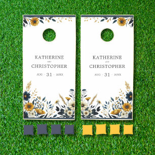 Blue Yellow Wildflowers Bride Groom Wedding Cornhole Set