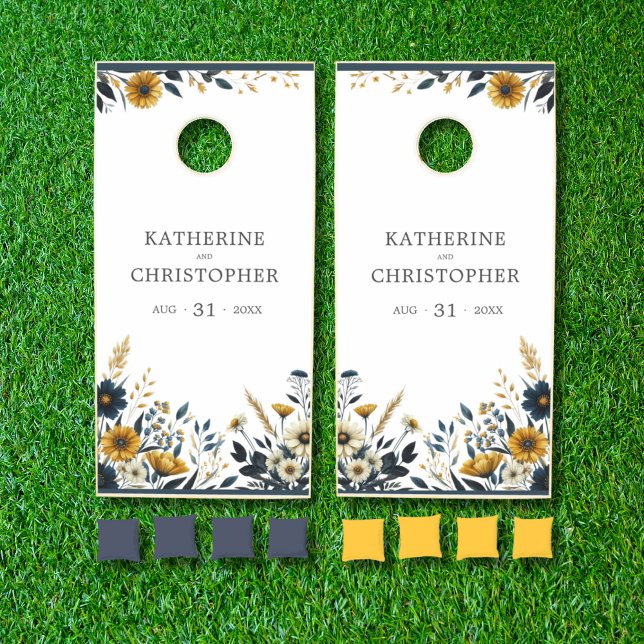Blue Yellow Wildflowers Bride Groom Wedding Cornhole Set (Wedding Reception Cornhole with Dark Blue and Yellow Wildflowers, Bride & Groom Names. Wedding Date.)