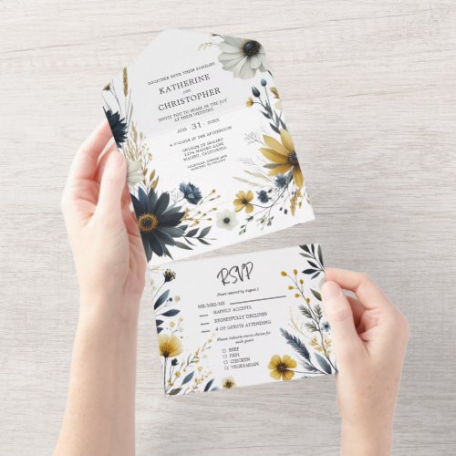 Blue Yellow Wildflowers Elegant Floral Wedding All In One Invitation