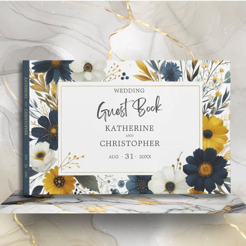 Blue Yellow Wildflowers Elegant Wedding Guest Book