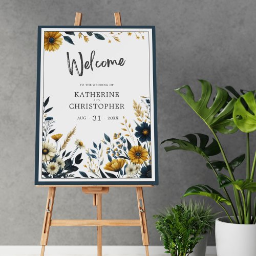 Blue Yellow Wildflowers Elegant Wedding Welcome Foam Board