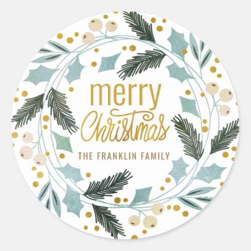 Blue Yellow Winter Greenery Merry Christmas Name Classic Round Sticker